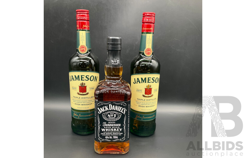 JACK DANIELS 700ml, JAMESON Triple Distilled Ieish Whiskey 700ml - Lot of 3