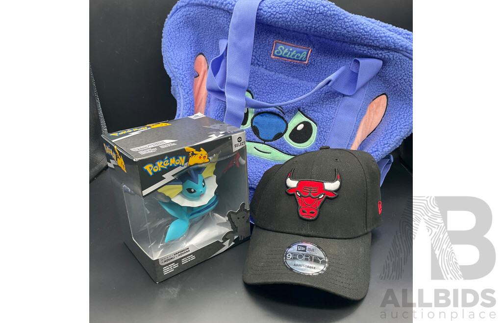 STICH Bag, Pokemon Figure, Bulls Hat - Lot of 3