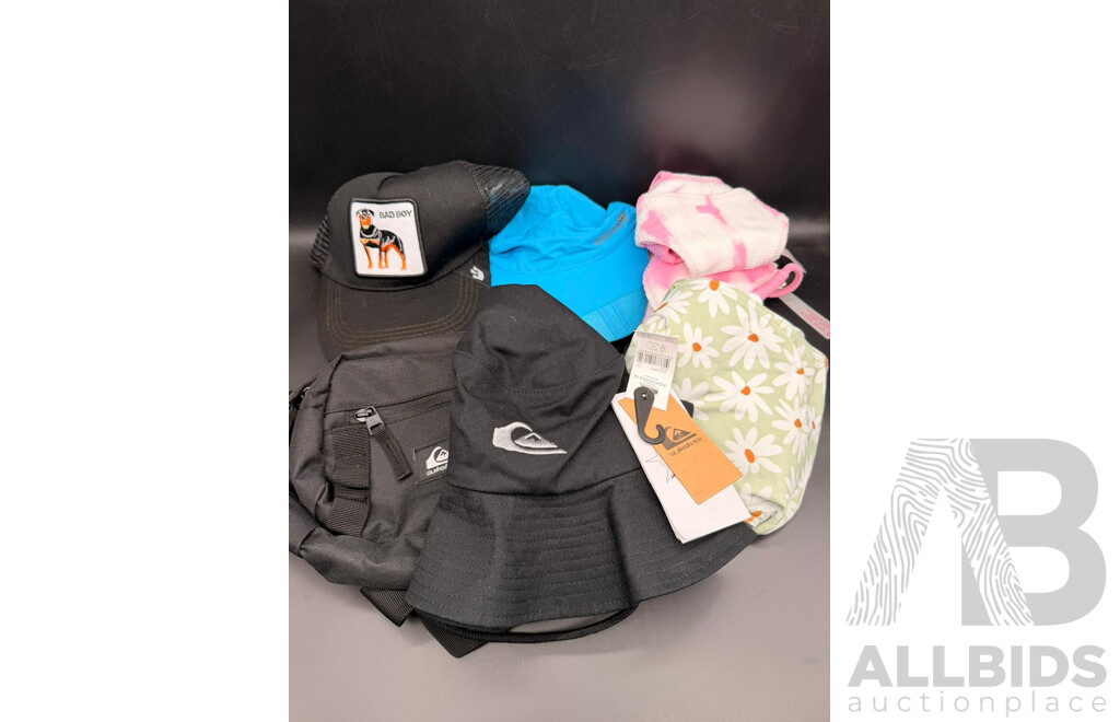 Assorted Hats, Including QUICKSILVER, ROXY and Others, QUICKSILVER Bag, ROXY Bikini's - Lot of 6