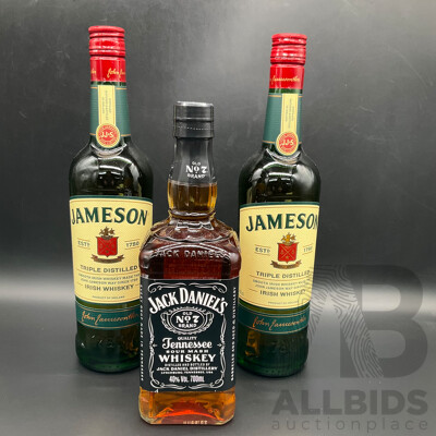 JACK DANIELS 700ml, JAMESON Triple Distilled Ieish Whiskey 700ml - Lot of 3