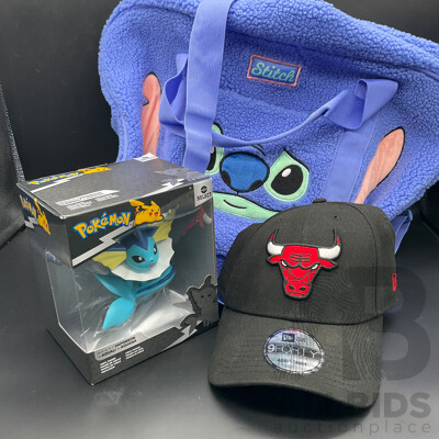 STICH Bag, Pokemon Figure, Bulls Hat - Lot of 3