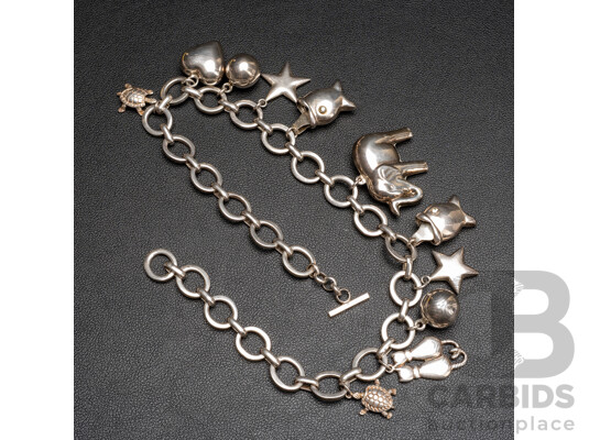 925 Sterling Silver Heavy Fancy Link Necklace & Charms - 120.62gms