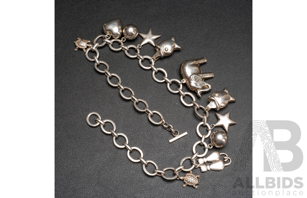 925 Sterling Silver Heavy Fancy Link Necklace & Charms - 120.62gms