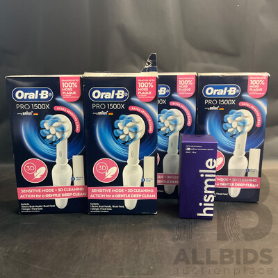 ORAL-B Pro 1500X Sensitive Clean Electric Toothbrush, Hismile V34 Colour Corrector Serum 30ml - Lot of 5