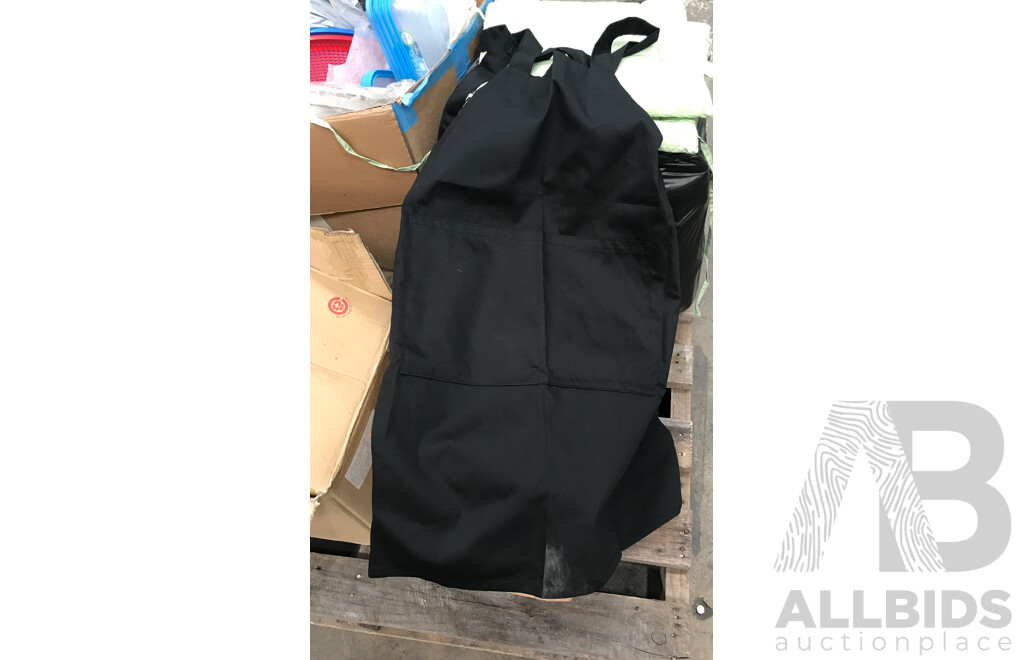 Lot of Assorted Catering/Restaurant Equipment Including Aprons, Containers,  Baskets, Mixing Bowls, Vacuum Universal Heads, and More