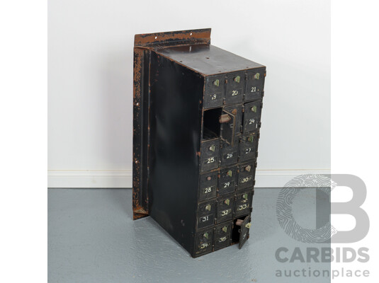 Vintage Bank of 18 Original Metal Cased PO Boxes