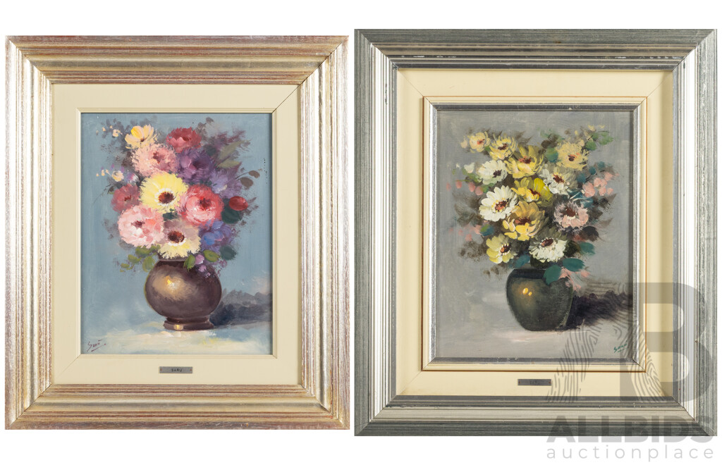 Saru [Aldo Carlomagno] (20th Century, Italian, 1935-), Mazzo Di Fiori Autunnale [Autumn Flowers] & Fiori Del Sud [Flowers of the South], Original Vintage Oil on Canvas, 50H x 44W cm (frames) (2)