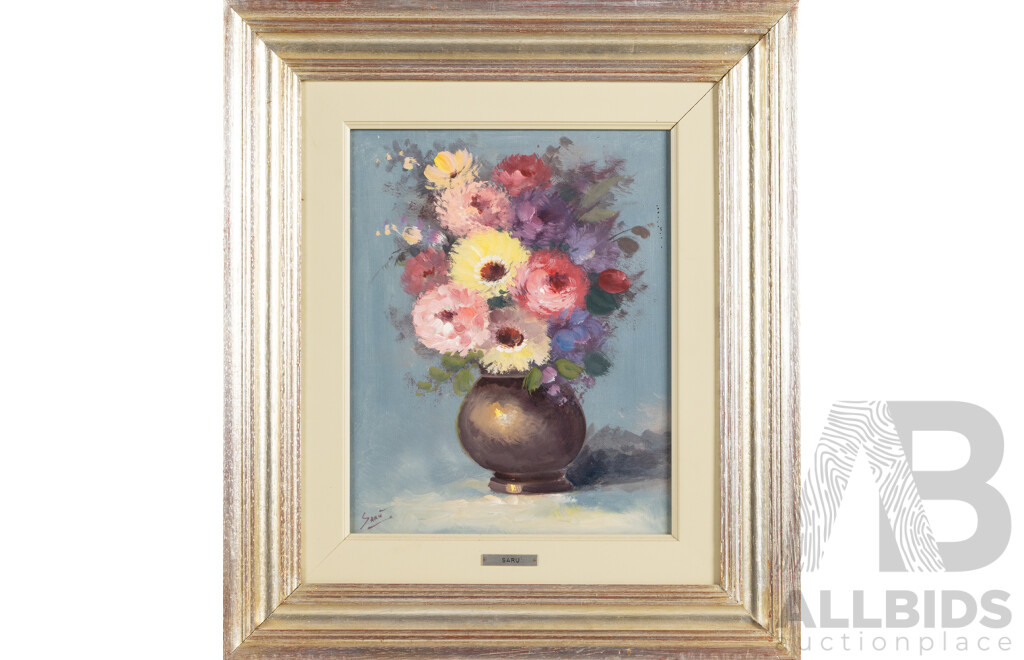 Saru [Aldo Carlomagno] (20th Century, Italian, 1935-), Mazzo Di Fiori Autunnale [Autumn Flowers] & Fiori Del Sud [Flowers of the South], Original Vintage Oil on Canvas, 50H x 44W cm (frames) (2)