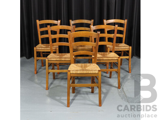 Set of Six Ladder Back Dining Chairs with Rush Seats