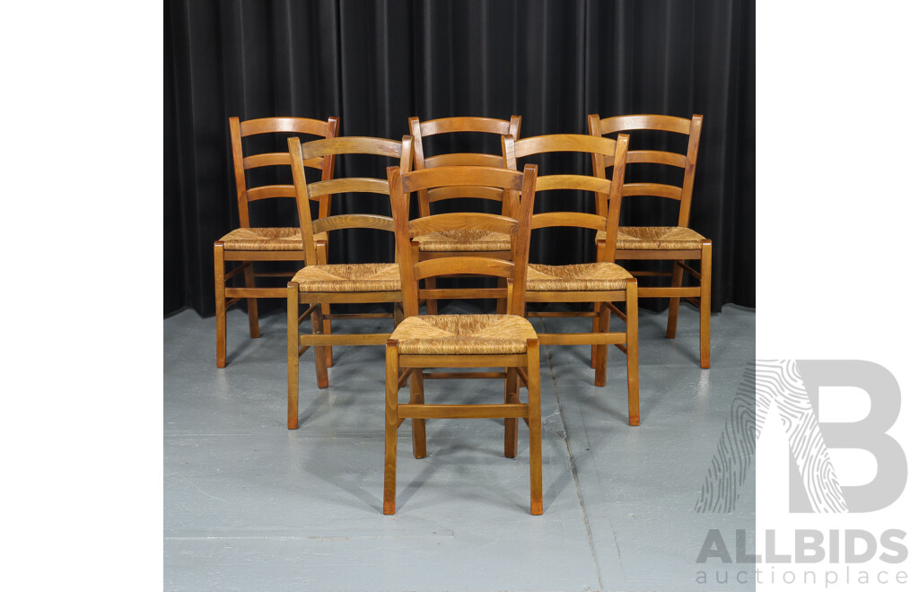 Set of Six Ladder-Back Dining Chairs with Rush Seats