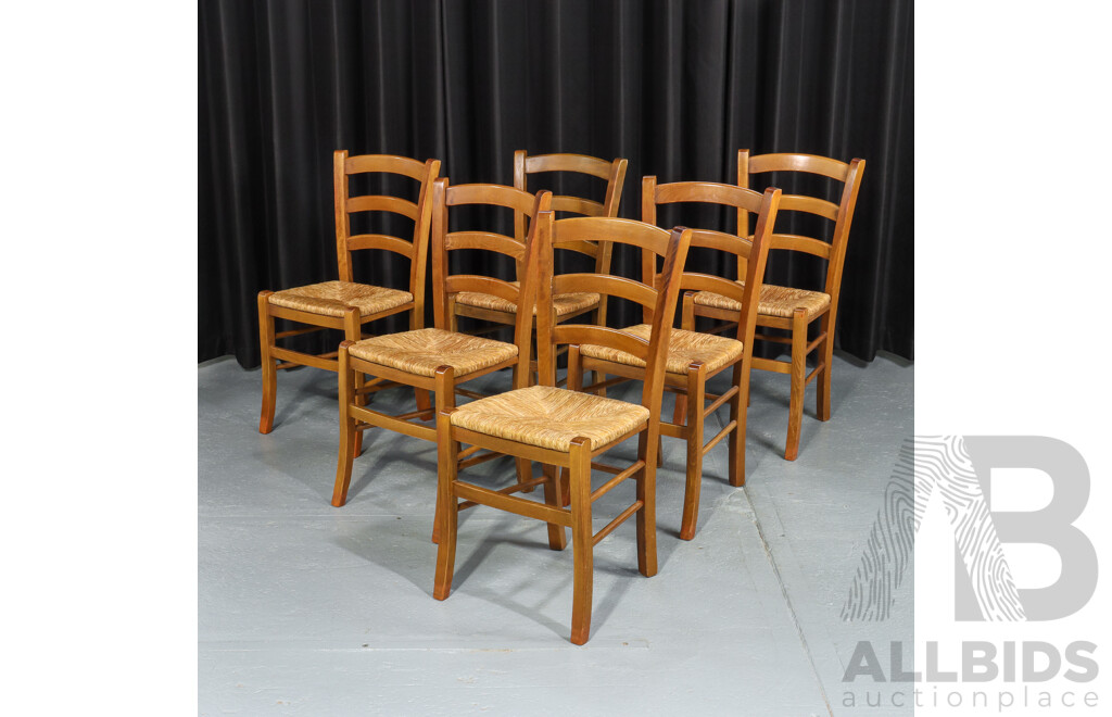 Set of Six Ladder Back Dining Chairs with Rush Seats
