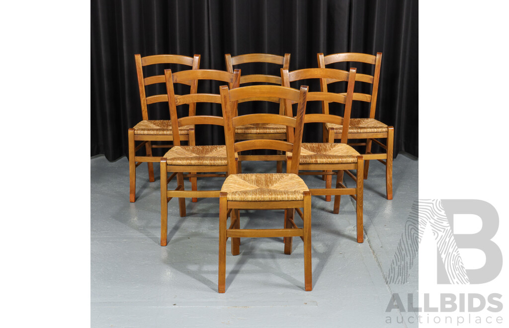 Set of Six Ladder Back Dining Chairs with Rush Seats