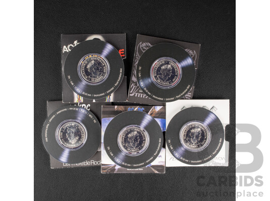 Five Australian RAM 2022/23 AC/DC Commemorative Twenty Cent Coins, Let There Be Rock, Flick the Switch, Blow Up Your Video, Powerage, Black Ice