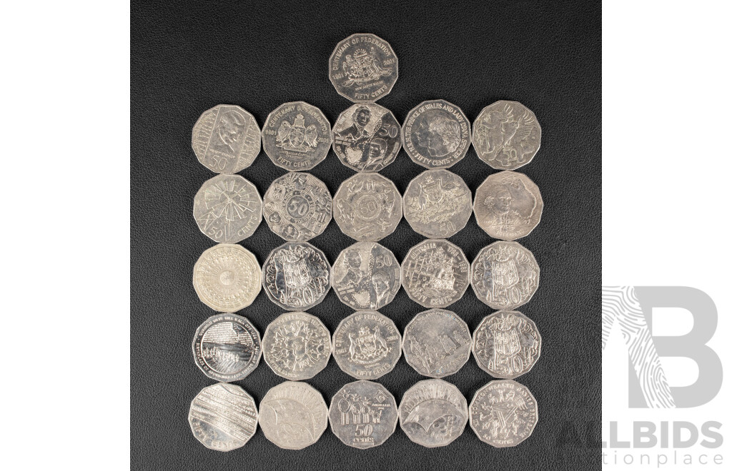 Twenty Six Australian Fifty Cent Coins Including 2004 Student Design, 1970 Cook, 1977 Jubilee, 2000 Royal Visit, 2000 Millennium, 1995 Dunlop, 2001 Federation, Royal Visit, 2002 Outback, 1994, 2010 Australia Day, 1998 Flinders/Bass..............