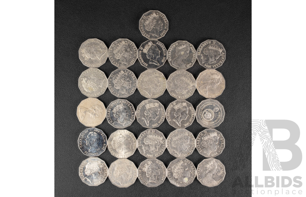 Twenty Six Australian Fifty Cent Coins Including 2004 Student Design, 1970 Cook, 1977 Jubilee, 2000 Royal Visit, 2000 Millennium, 1995 Dunlop, 2001 Federation, Royal Visit, 2002 Outback, 1994, 2010 Australia Day, 1998 Flinders/Bass..............