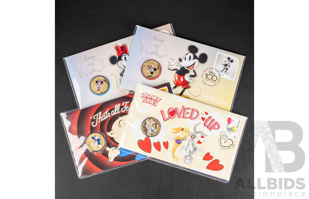 Four Tuvalu PNCs Including 2019 Loved Up, ''That's All Folks'' 2023 Disney 100 Mickey Mouse and Minnie Mouse