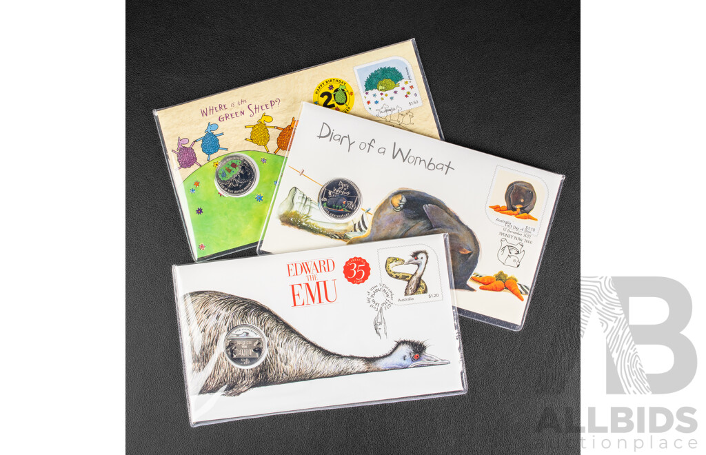 Three Australian PNCs Including 2022 Diary of a Wombat, 2023 Edward the Emu, 2024 Where is the Green Sheep?