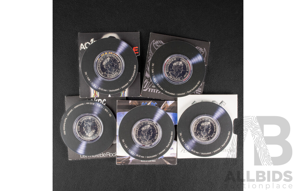 Five Australian RAM 2022/23 AC/DC Commemorative Twenty Cent Coins, Let There Be Rock, Flick the Switch, Blow Up Your Video, Powerage, Black Ice
