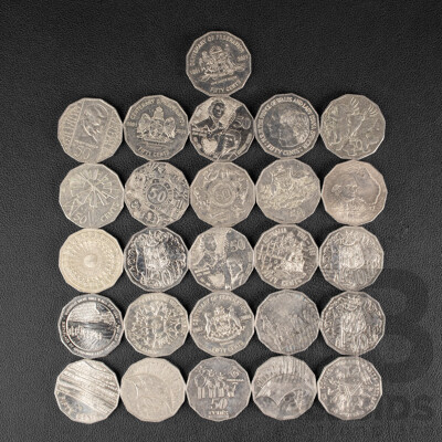 Twenty Six Australian Fifty Cent Coins Including 2004 Student Design, 1970 Cook, 1977 Jubilee, 2000 Royal Visit, 2000 Millennium, 1995 Dunlop, 2001 Federation, Royal Visit, 2002 Outback, 1994, 2010 Australia Day, 1998 Flinders/Bass..............