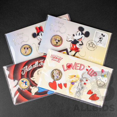 Four Tuvalu PNCs Including 2019 Loved Up, ''That's All Folks'' 2023 Disney 100 Mickey Mouse and Minnie Mouse