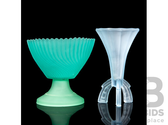 Art Deco Tri-Footed Blue Glass Vase and Turquoise Swirled Ribbed Glass Vase