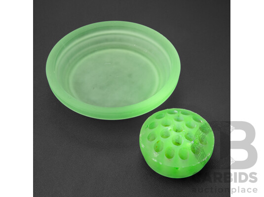 Vintage Uranium Glass Flower Bowl and Frog