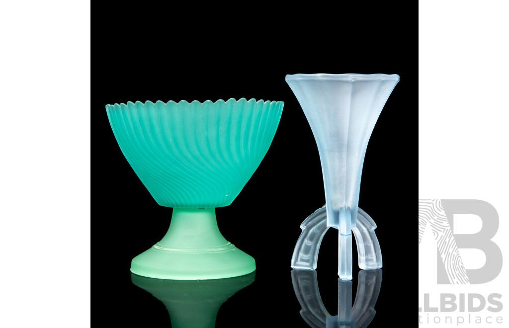Art Deco Tri-Footed Blue Glass Vase and Turquoise Swirled Ribbed Glass Vase