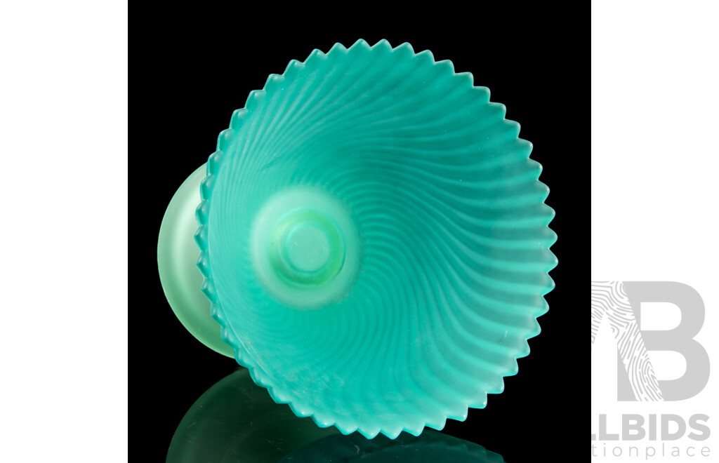 Art Deco Tri-Footed Blue Glass Vase and Turquoise Swirled Ribbed Glass Vase