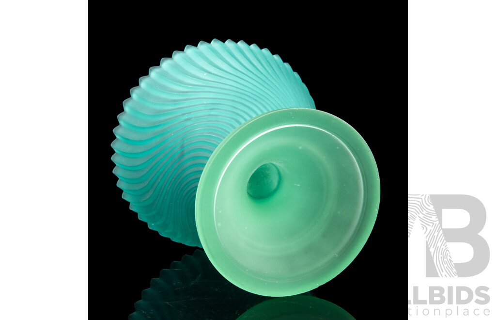 Art Deco Tri-Footed Blue Glass Vase and Turquoise Swirled Ribbed Glass Vase