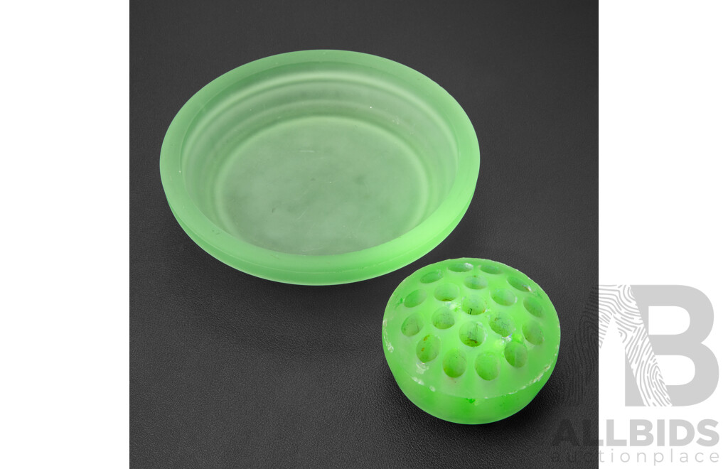 Vintage Uranium Glass Flower Bowl and Frog