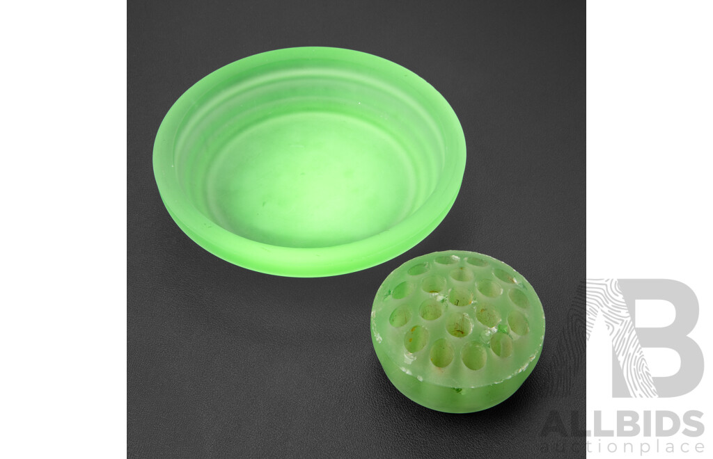 Vintage Uranium Glass Flower Bowl and Frog