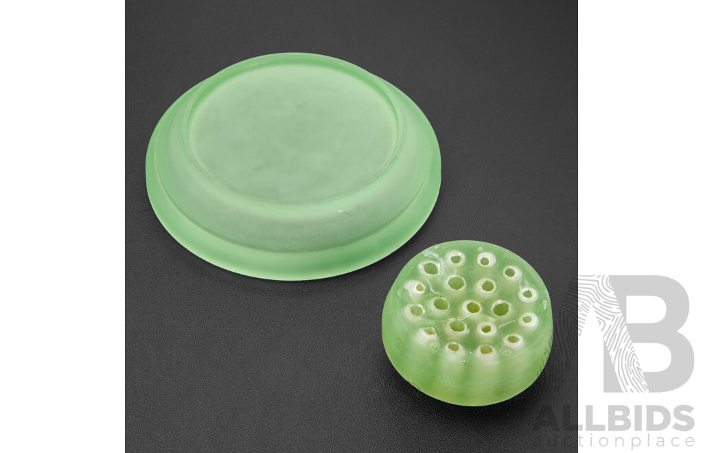 Vintage Uranium Glass Flower Bowl and Frog