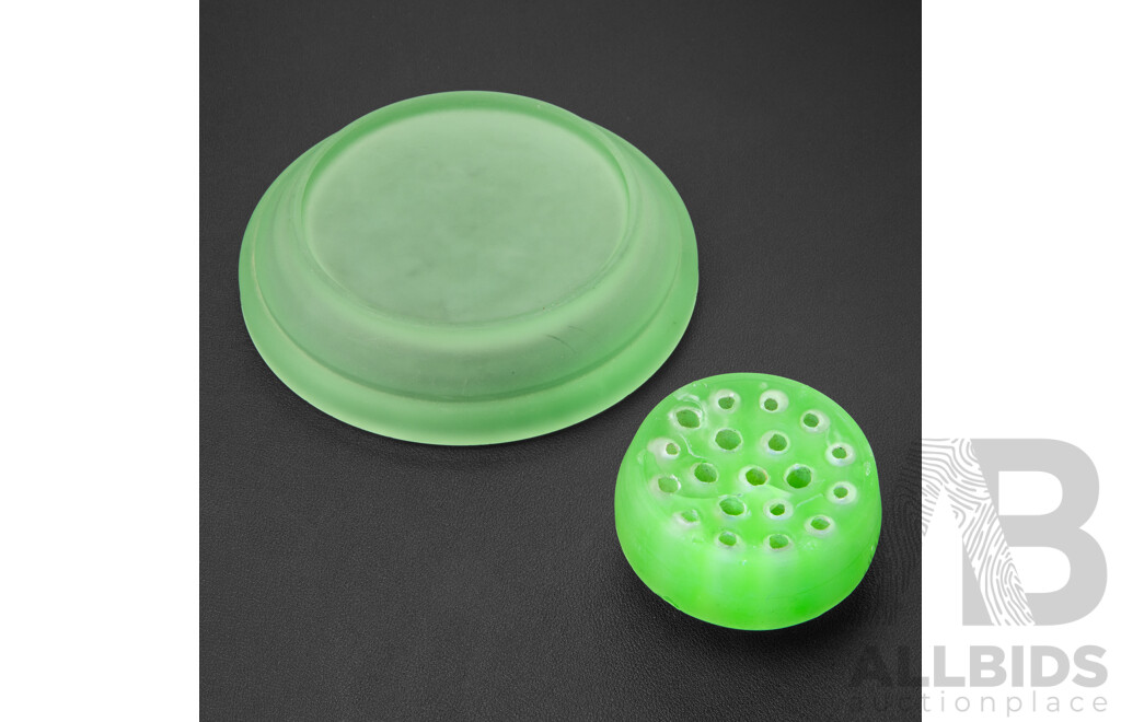 Vintage Uranium Glass Flower Bowl and Frog