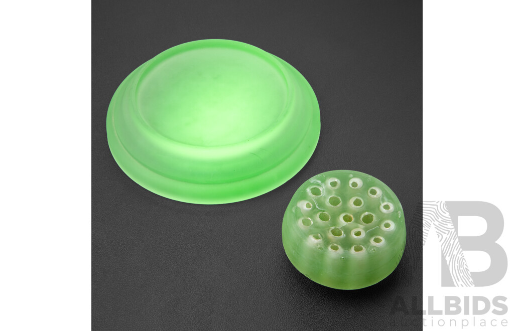 Vintage Uranium Glass Flower Bowl and Frog
