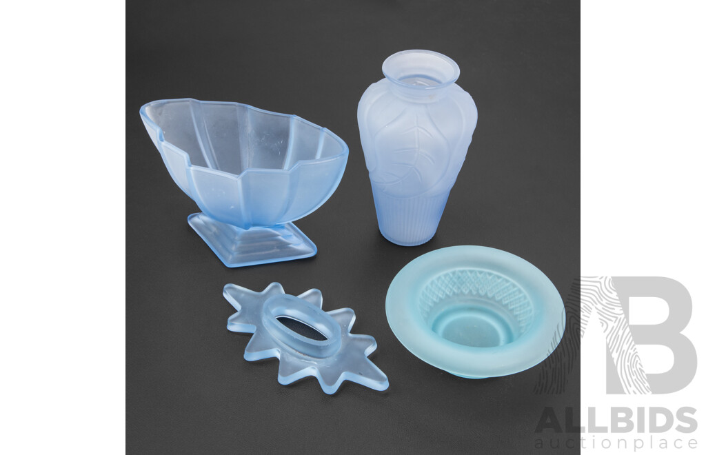 Vintage Art Deco Blue Glass Vases and Dish