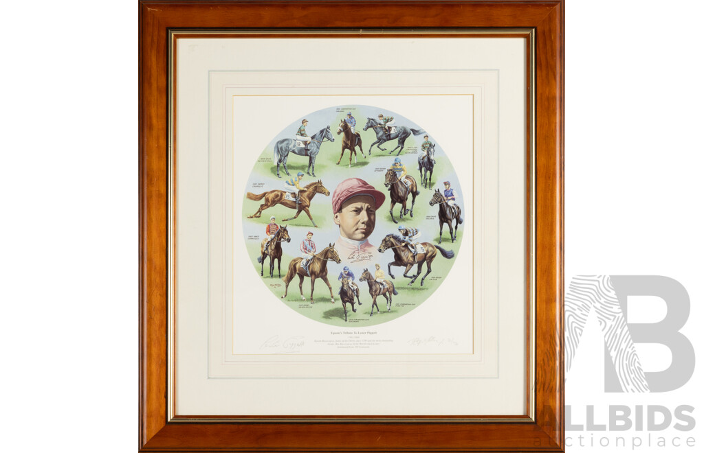 Roy MIller (20th Century, British, 1938-), Epsom's Tribute to Lester Piggott 1970-1984 (1996), Signed & Editioned Photo Lithograph, 63H x 59W cm (frame)