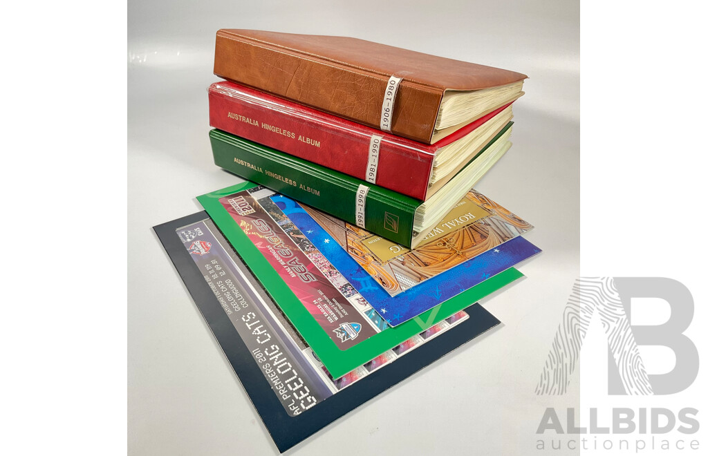 Three Australian Seven Seas Hingeless Mint Stamp Albums Spanning 1906 to 1998 with Four Mint Stamp Packs