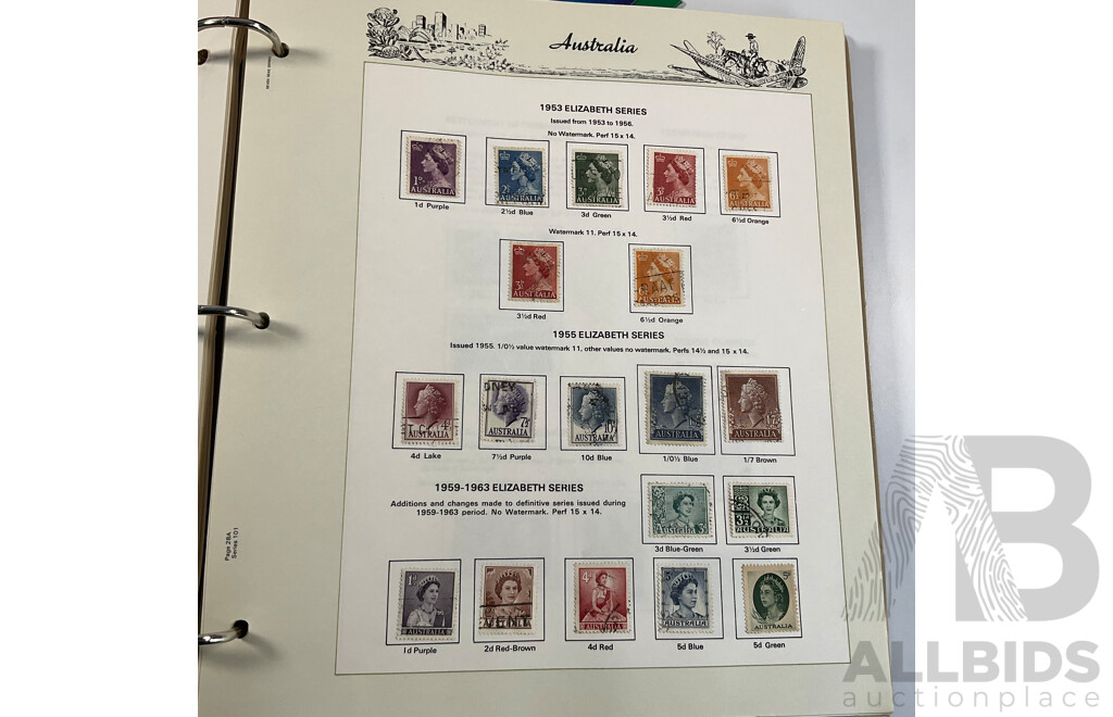 Three Australian Seven Seas Hingeless Mint Stamp Albums Spanning 1906 to 1998 with Four Mint Stamp Packs