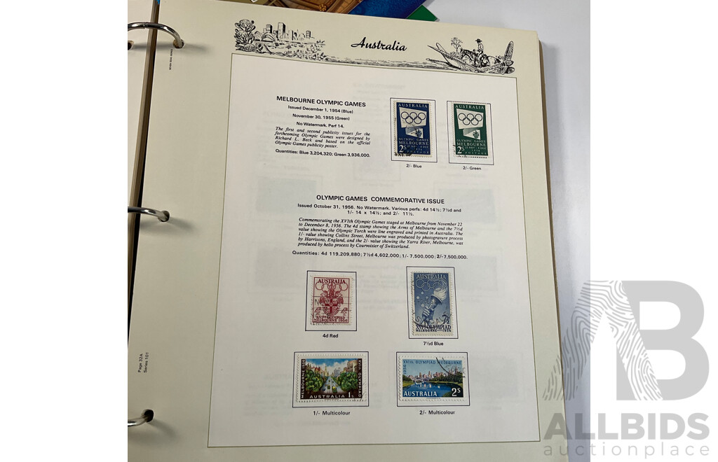 Three Australian Seven Seas Hingeless Mint Stamp Albums Spanning 1906 to 1998 with Four Mint Stamp Packs