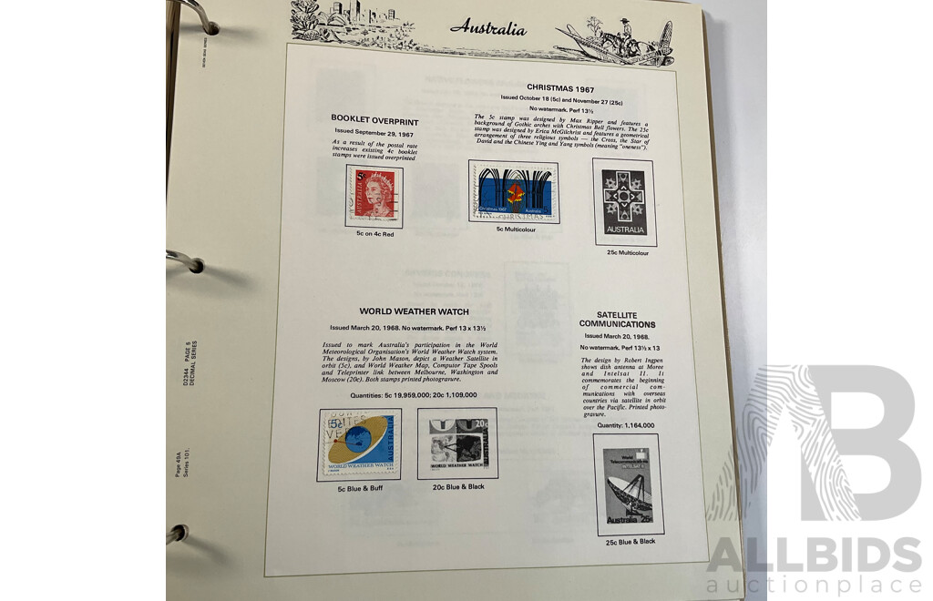 Three Australian Seven Seas Hingeless Mint Stamp Albums Spanning 1906 to 1998 with Four Mint Stamp Packs