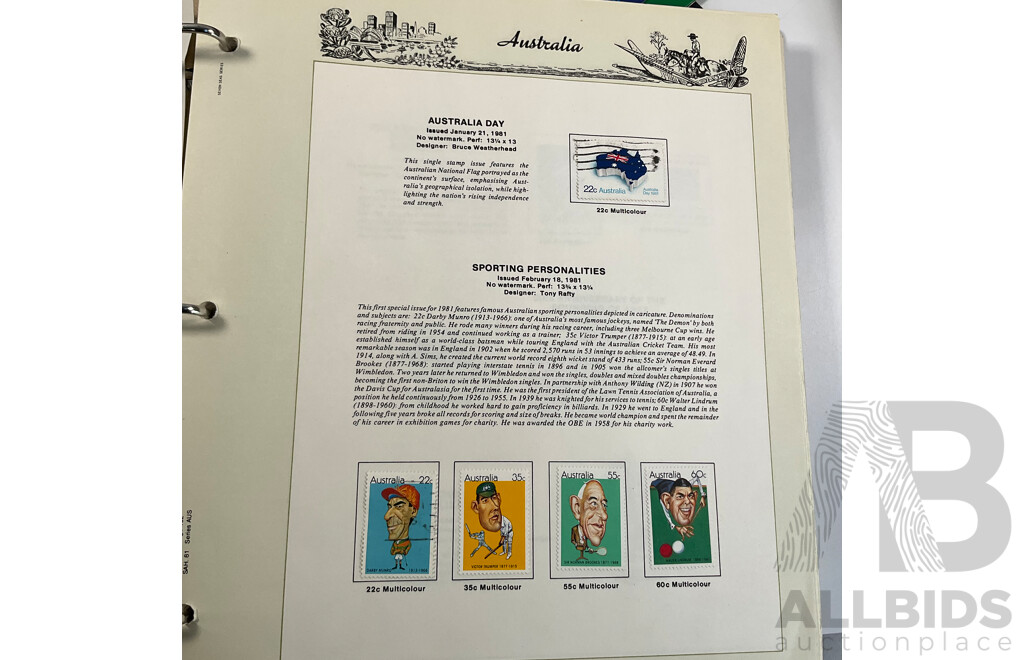 Three Australian Seven Seas Hingeless Mint Stamp Albums Spanning 1906 to 1998 with Four Mint Stamp Packs