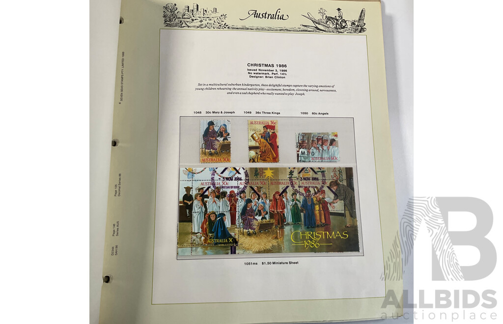 Three Australian Seven Seas Hingeless Mint Stamp Albums Spanning 1906 to 1998 with Four Mint Stamp Packs