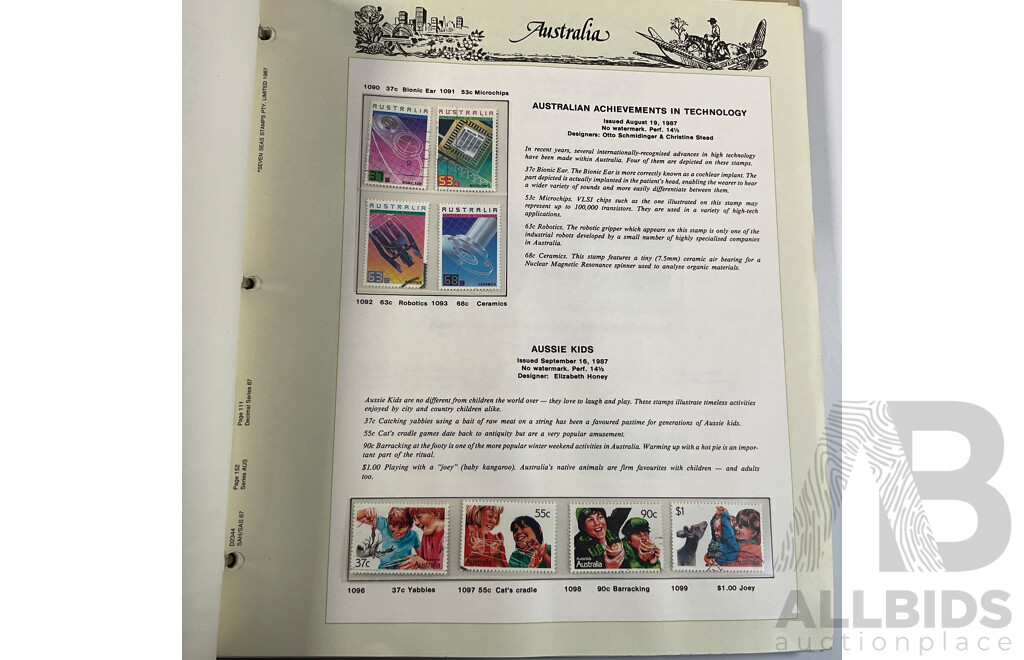 Three Australian Seven Seas Hingeless Mint Stamp Albums Spanning 1906 to 1998 with Four Mint Stamp Packs