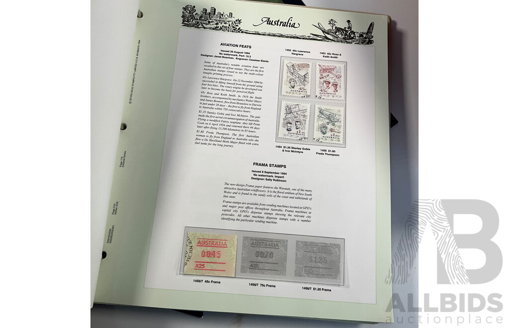 Three Australian Seven Seas Hingeless Mint Stamp Albums Spanning 1906 to 1998 with Four Mint Stamp Packs