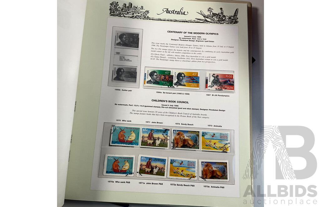 Three Australian Seven Seas Hingeless Mint Stamp Albums Spanning 1906 to 1998 with Four Mint Stamp Packs