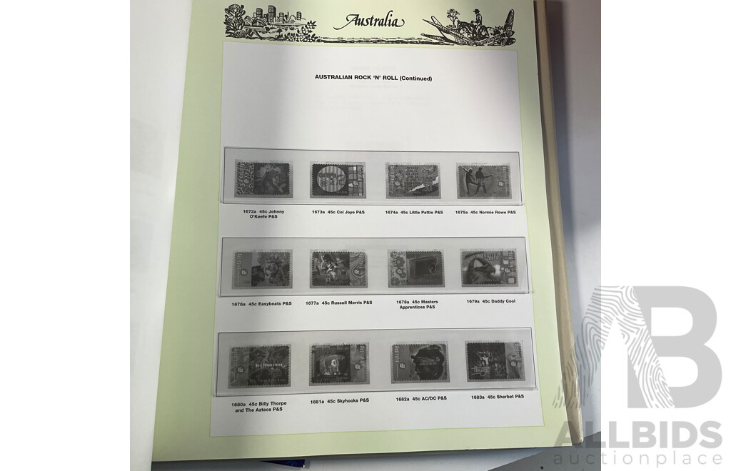 Three Australian Seven Seas Hingeless Mint Stamp Albums Spanning 1906 to 1998 with Four Mint Stamp Packs
