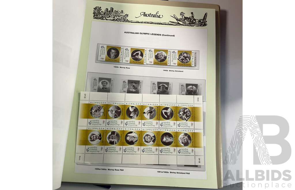 Three Australian Seven Seas Hingeless Mint Stamp Albums Spanning 1906 to 1998 with Four Mint Stamp Packs