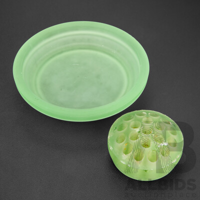 Vintage Uranium Glass Flower Bowl and Frog