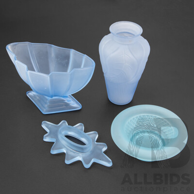 Vintage Art Deco Blue Glass Vases and Dish