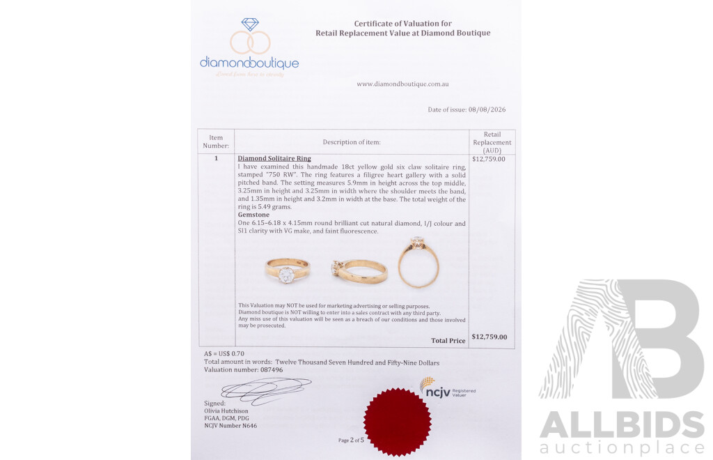 Handmade 18ct Yellow Gold & Natural Diamond Solitaire Ring with Valuation - Size O
